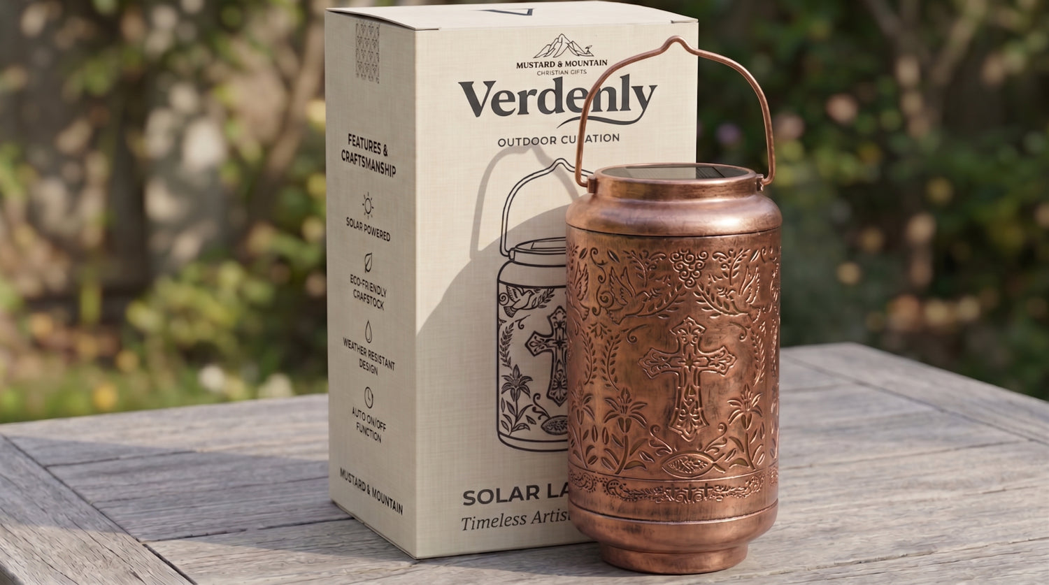 Mustard & Mountain - VERDENLY Solar Lantern with Christian Symbols
